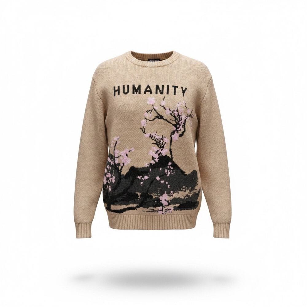 RGSTR Men's Humanity Graphic Sweater Kyoto Osaka Cherry Blossom Tan Size L